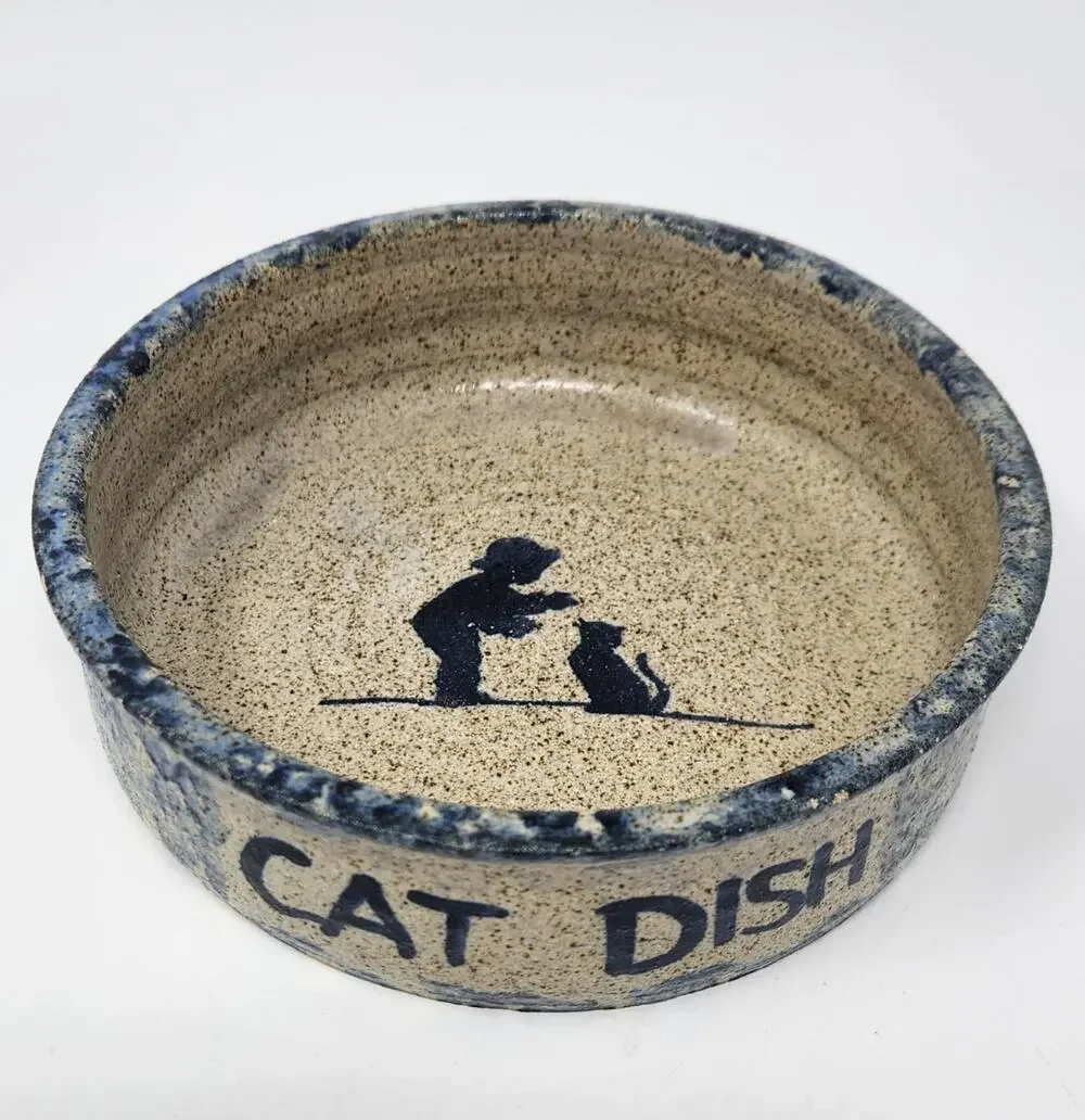 Cat Dish | Spongeware Blue Speckled Stoneware - Sugarcamp Pottery Signed